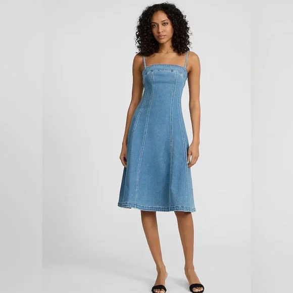 Square Neck Midi Denim Fit and Flare Dress Express - Picture 2 of 10
